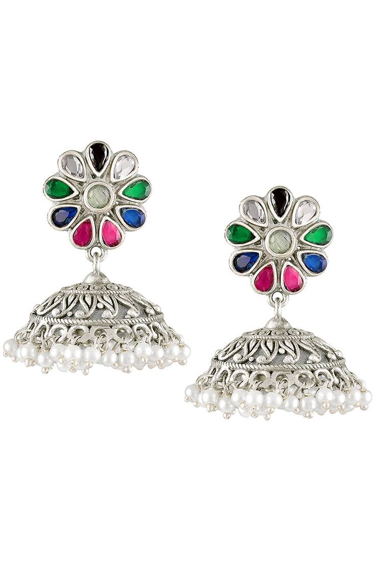 Oxidized silver plated crystals & lariya studded jhumki earrings fashion jewellery for women