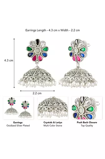 Oxidized silver plated crystals & lariya studded jhumki earrings fashion jewellery for women