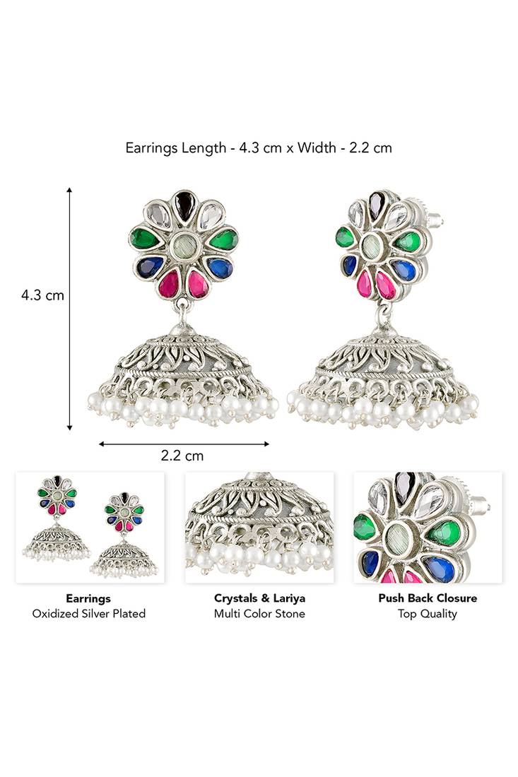 Oxidized silver plated crystals & lariya studded jhumki earrings fashion jewellery for women