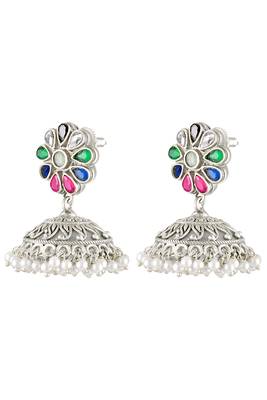 Oxidized silver plated crystals & lariya studded jhumki earrings fashion jewellery for women 4