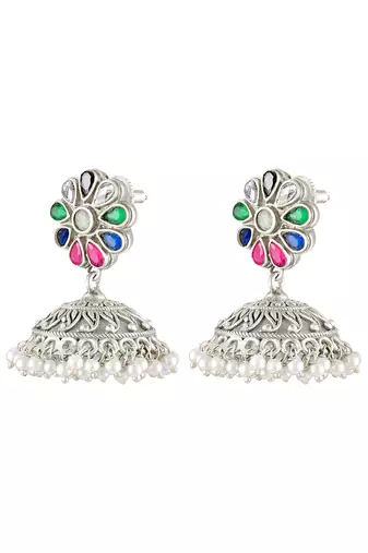 Oxidized silver plated crystals & lariya studded jhumki earrings fashion jewellery for women