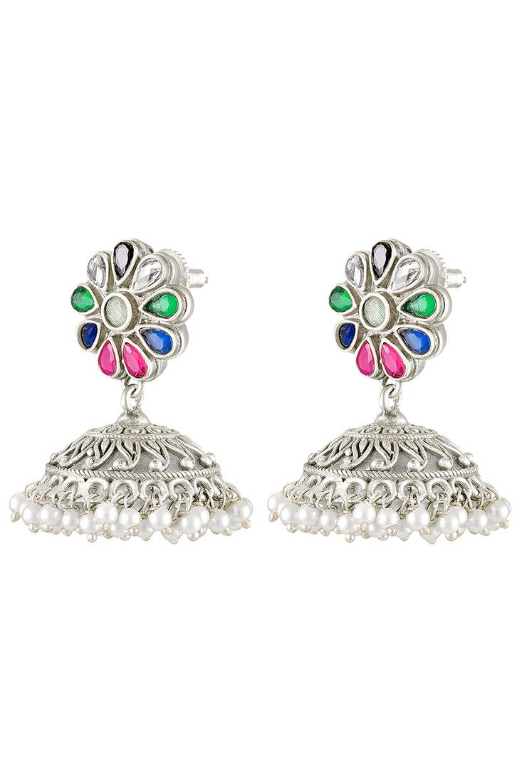 Oxidized silver plated crystals & lariya studded jhumki earrings fashion jewellery for women