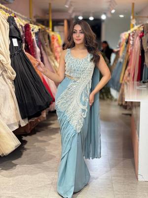 sky blue color beads cut dana & sequins work ready to wear rangoli silk blend saree 1