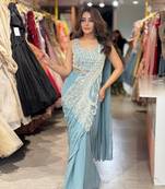 sky blue color beads cut dana & sequins work ready to wear rangoli silk blend saree