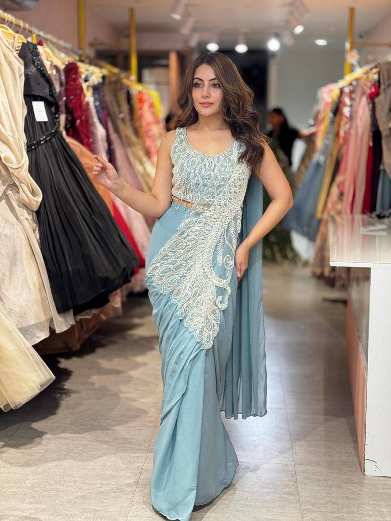 sky blue color beads cut dana & sequins work ready to wear rangoli silk blend saree