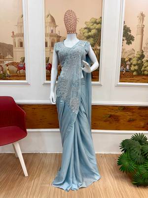 sky blue color beads cut dana & sequins work ready to wear rangoli silk blend saree 2