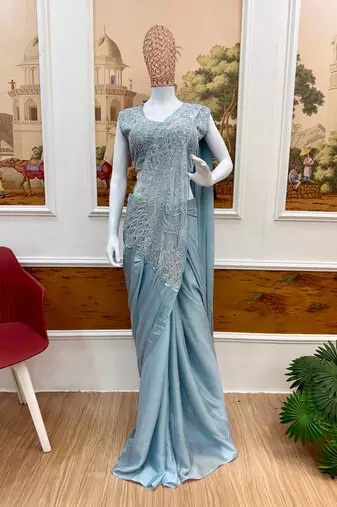 sky blue color beads cut dana & sequins work ready to wear rangoli silk blend saree