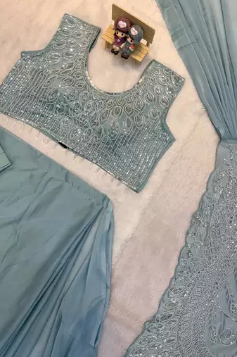 sky blue color beads cut dana & sequins work ready to wear rangoli silk blend saree