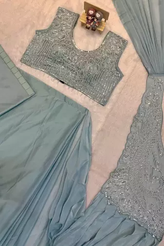 sky blue color beads cut dana & sequins work ready to wear rangoli silk blend saree