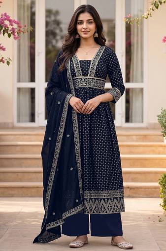 Women's navy blue flared embroidered silk blend kurta set with dupatta and pant