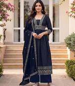 Women's navy blue flared embroidered silk blend kurta set with dupatta and pant