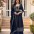 Women's navy blue flared embroidered silk blend kurta set with dupatta and pant