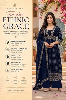 Women's navy blue flared embroidered silk blend kurta set with dupatta and pant 2