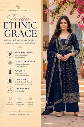Women's navy blue flared embroidered silk blend kurta set with dupatta and pant