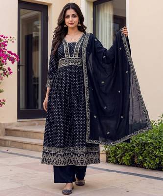 Women's navy blue flared embroidered silk blend kurta set with dupatta and pant 3