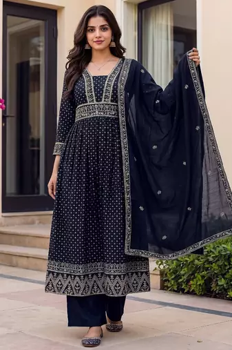 Women's navy blue flared embroidered silk blend kurta set with dupatta and pant