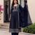 Women's navy blue flared embroidered silk blend kurta set with dupatta and pant