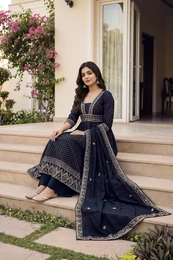 Women's navy blue flared embroidered silk blend kurta set with dupatta and pant