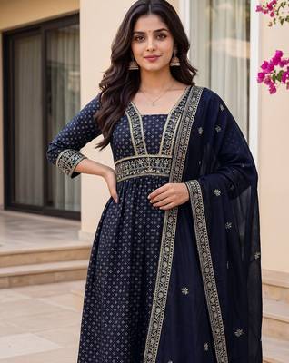 Women's navy blue flared embroidered silk blend kurta set with dupatta and pant 5
