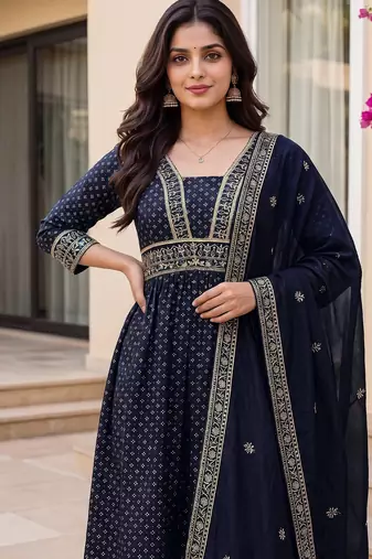 Women's navy blue flared embroidered silk blend kurta set with dupatta and pant
