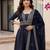 Women's navy blue flared embroidered silk blend kurta set with dupatta and pant