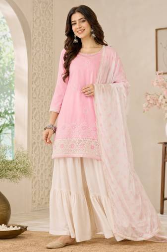 Women's pink cotton straight embroidered kurta set with sharara and dupatta