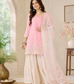 Women's pink cotton straight embroidered kurta set with sharara and dupatta