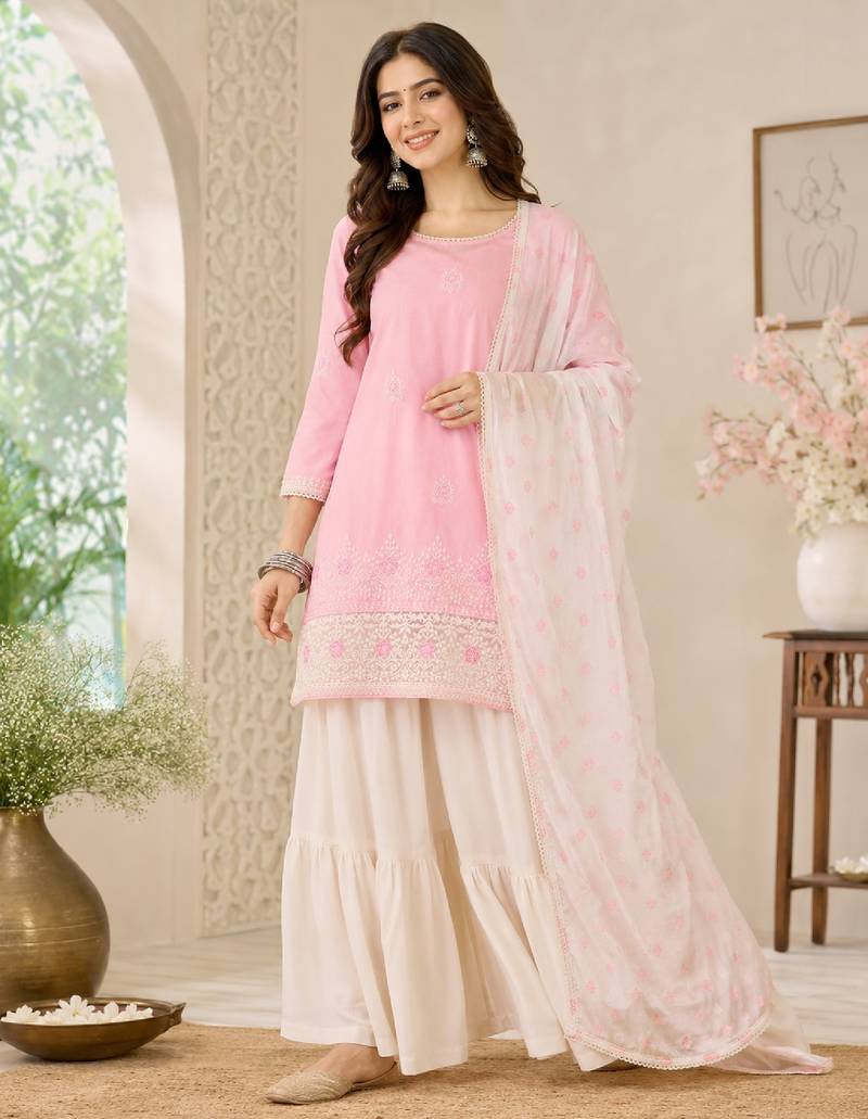 Women's pink cotton straight embroidered kurta set with sharara and dupatta