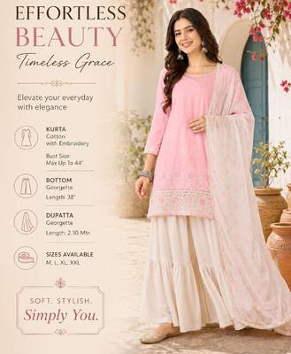 Women's pink cotton straight embroidered kurta set with sharara and dupatta 2