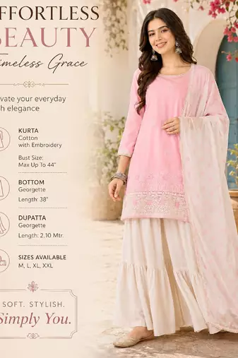 Women's pink cotton straight embroidered kurta set with sharara and dupatta