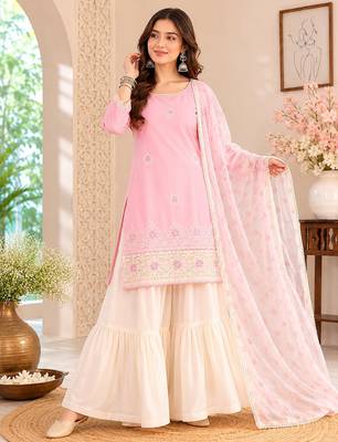 Women's pink cotton straight embroidered kurta set with sharara and dupatta 3