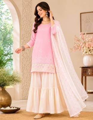 Women's pink cotton straight embroidered kurta set with sharara and dupatta 4