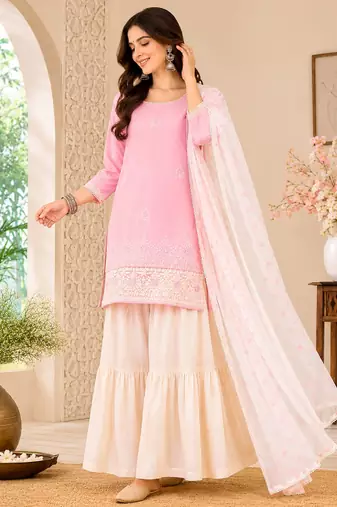 Women's pink cotton straight embroidered kurta set with sharara and dupatta