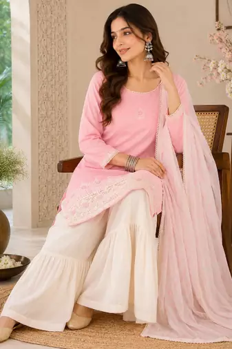 Women's pink cotton straight embroidered kurta set with sharara and dupatta