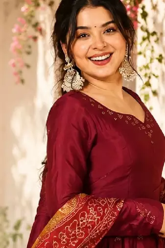 Women's maroon anarkali kurta set with dupatta and pant
