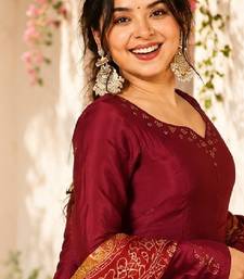 Women's maroon anarkali kurta set with dupatta and pant