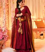 Women's maroon anarkali kurta set with dupatta and pant