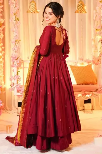 Women's maroon anarkali kurta set with dupatta and pant