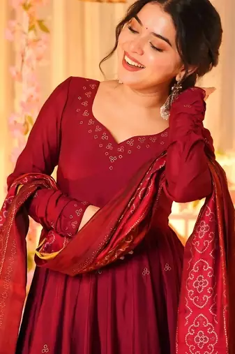 Women's maroon anarkali kurta set with dupatta and pant
