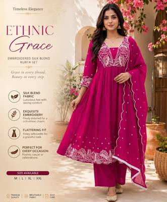 Women's pink silk blend embroidered kurta set with dupatta and pant 2