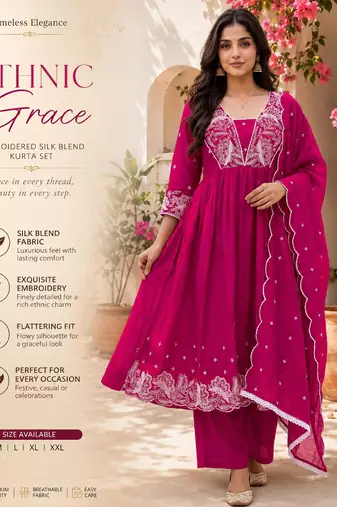 Women's pink silk blend embroidered kurta set with dupatta and pant