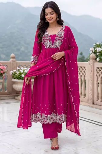 Women's pink silk blend embroidered kurta set with dupatta and pant