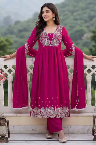 Women's pink silk blend embroidered kurta set with dupatta and pant