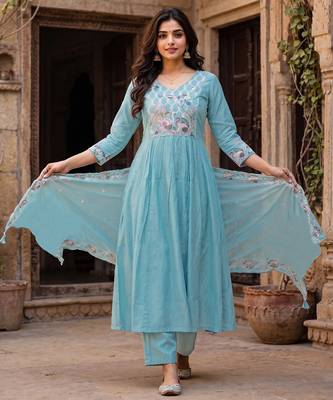 Women's sky blue silk  embroidered flared kurta set with dupatta and pant 1