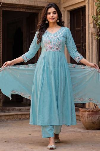 Women's sky blue silk  embroidered flared kurta set with dupatta and pant