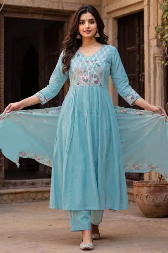 Women's sky blue silk  embroidered flared kurta set with dupatta and pant