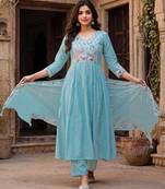 Women's sky blue silk  embroidered flared kurta set with dupatta and pant