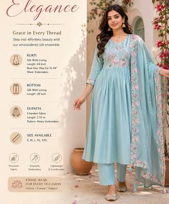 Women's sky blue silk  embroidered flared kurta set with dupatta and pant 2
