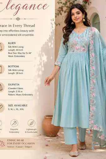 Women's sky blue silk  embroidered flared kurta set with dupatta and pant