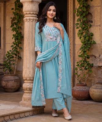 Women's sky blue silk  embroidered flared kurta set with dupatta and pant 3